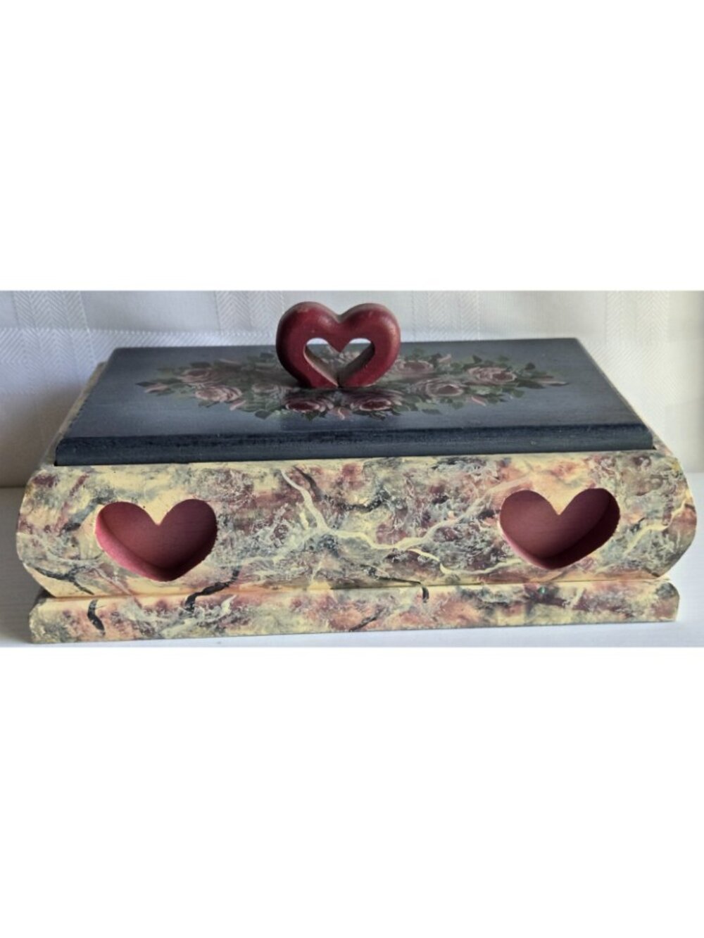 Painted Folk Art Wooden Box with Lid Heart Roses Blue Pink Faux Marble Finish - Picture 2 of 14